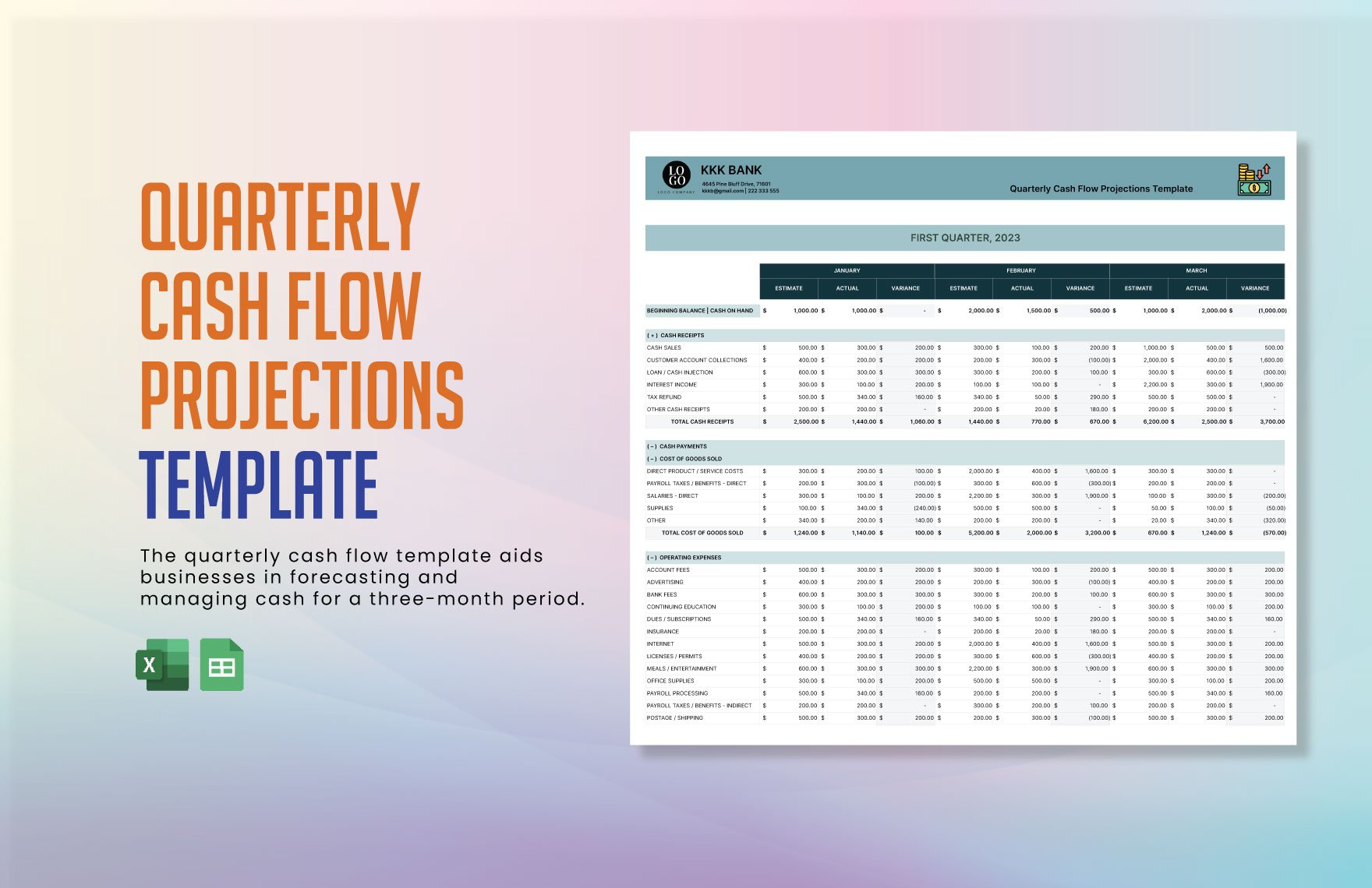 Quarterly Cash Flow Projections Template in Excel, Google Sheets