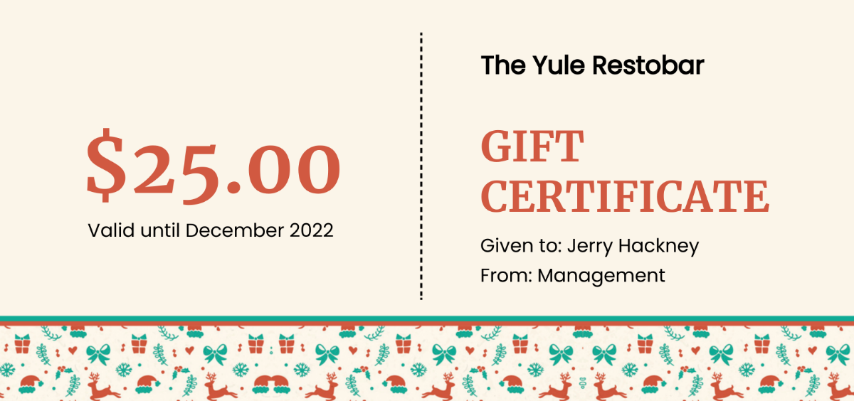 Restaurant Christmas Gift Certificate Template