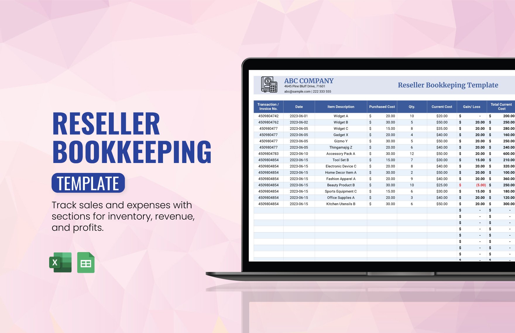 Reseller Bookkeeping Template in Excel, Google Sheets