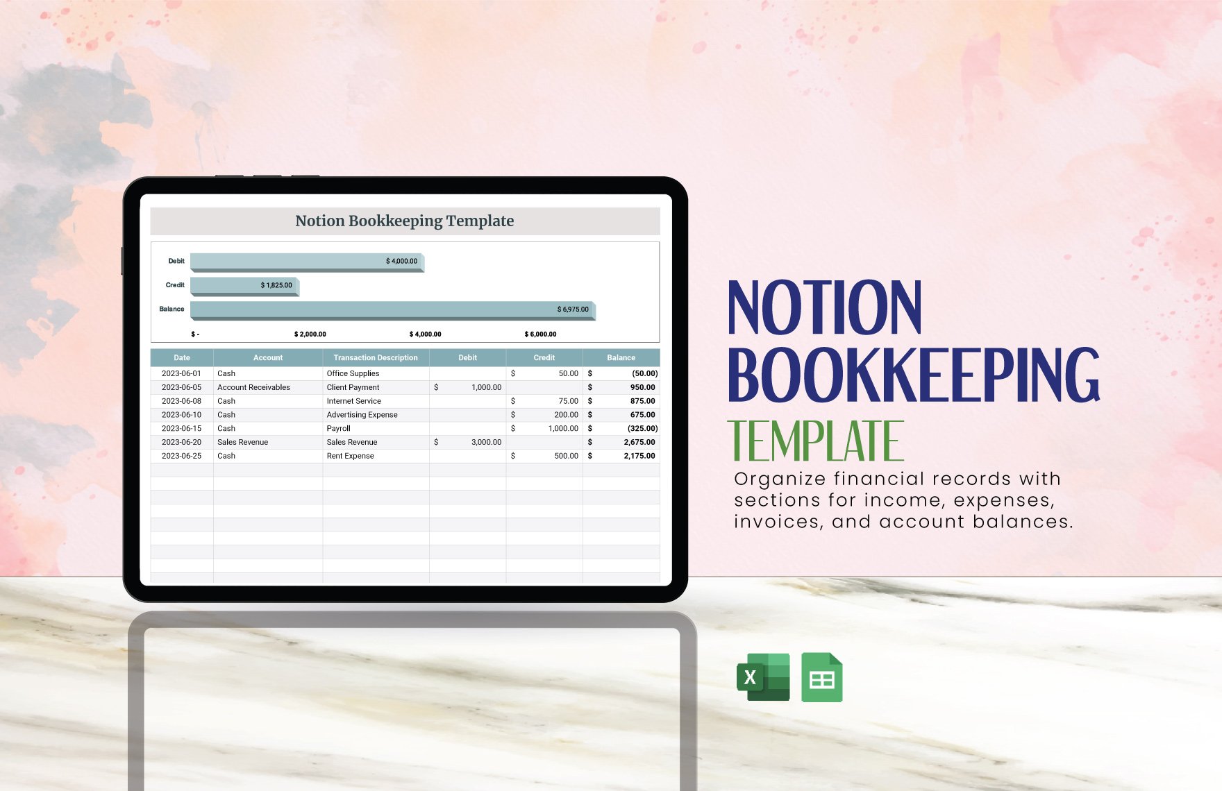 Notion Bookkeeping Template in Excel, Google Sheets