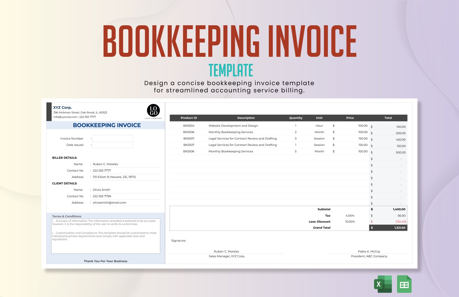 Bookkeeping Invoice Template in Excel, Google Sheets