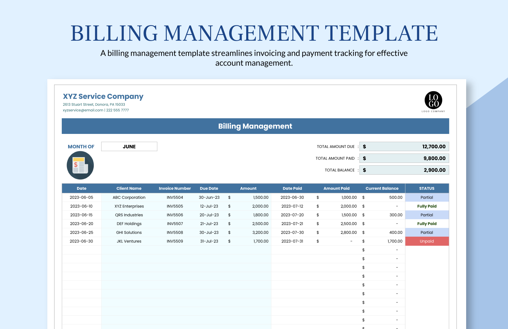 Billing Management  Template in Excel, Google Sheets