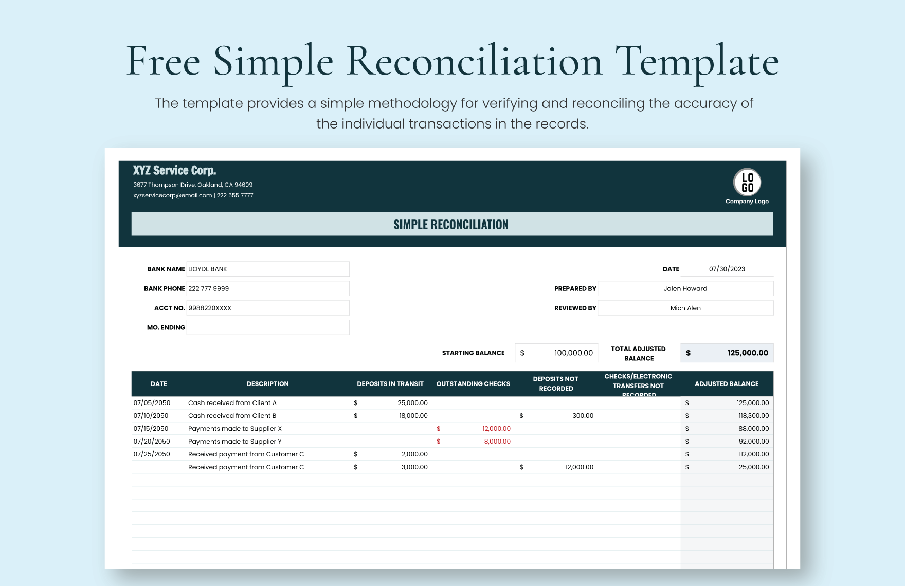 Free Simple Reconciliation  Template