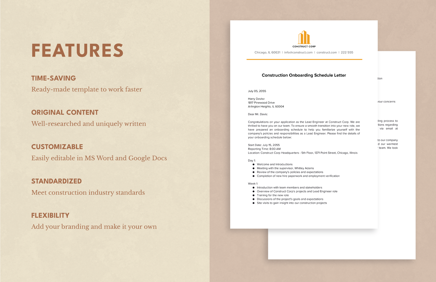 Construction Onboarding Schedule Letter Template