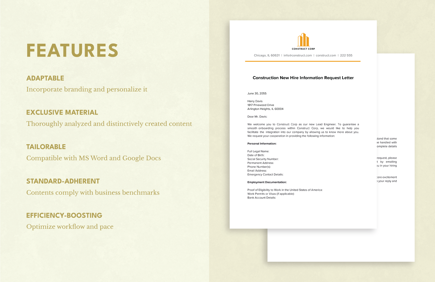 Construction New Hire Information Request Letter Template