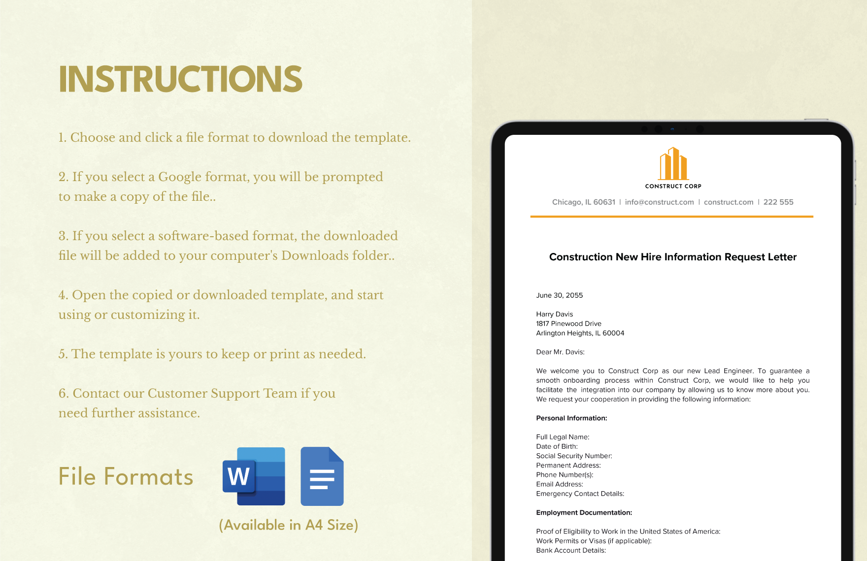 Construction New Hire Information Request Letter Template