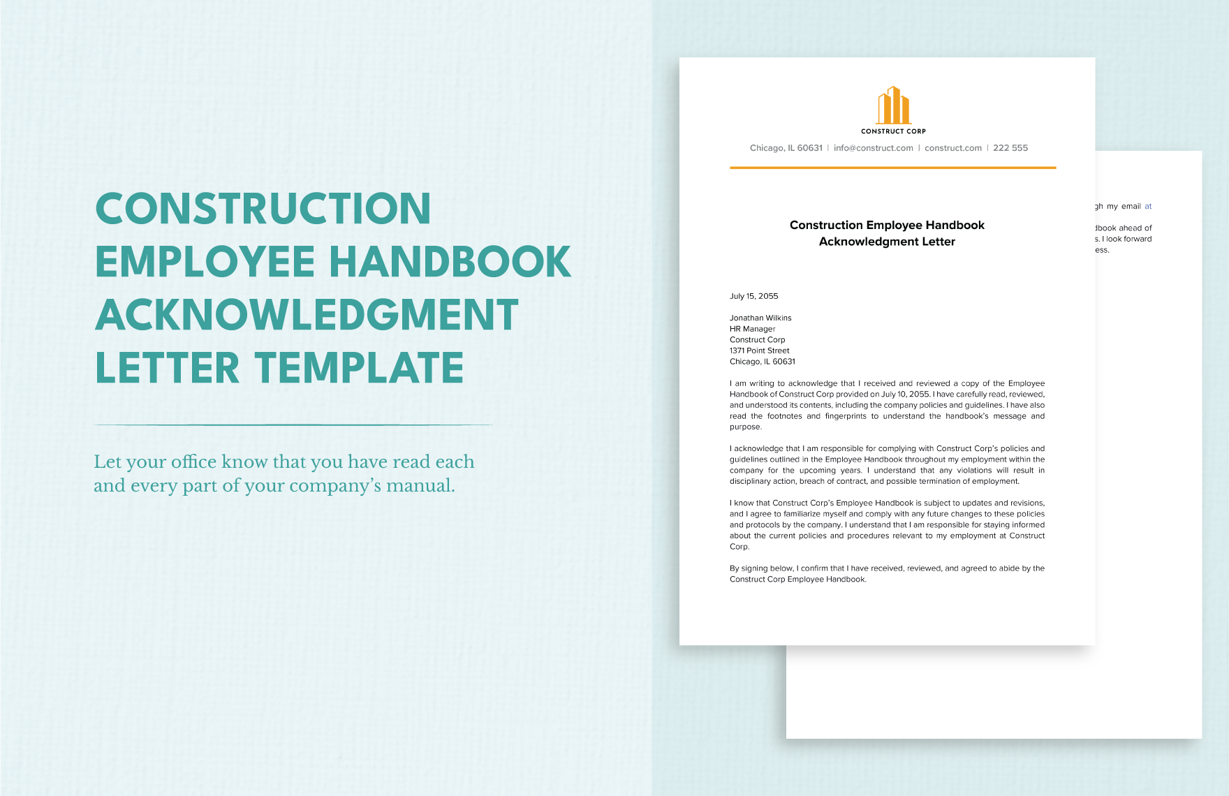 Construction Employee Handbook Acknowledgment Letter Template
