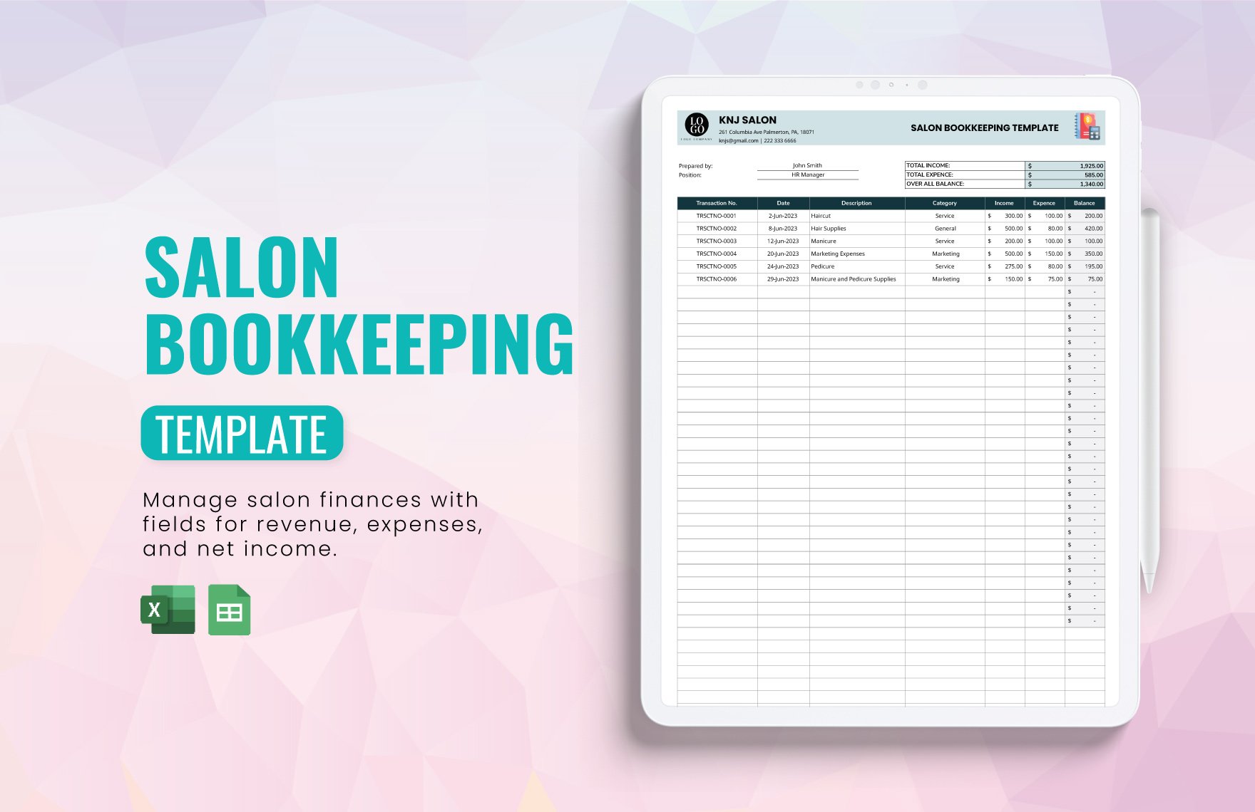 Salon Bookkeeping Template in Excel, Google Sheets