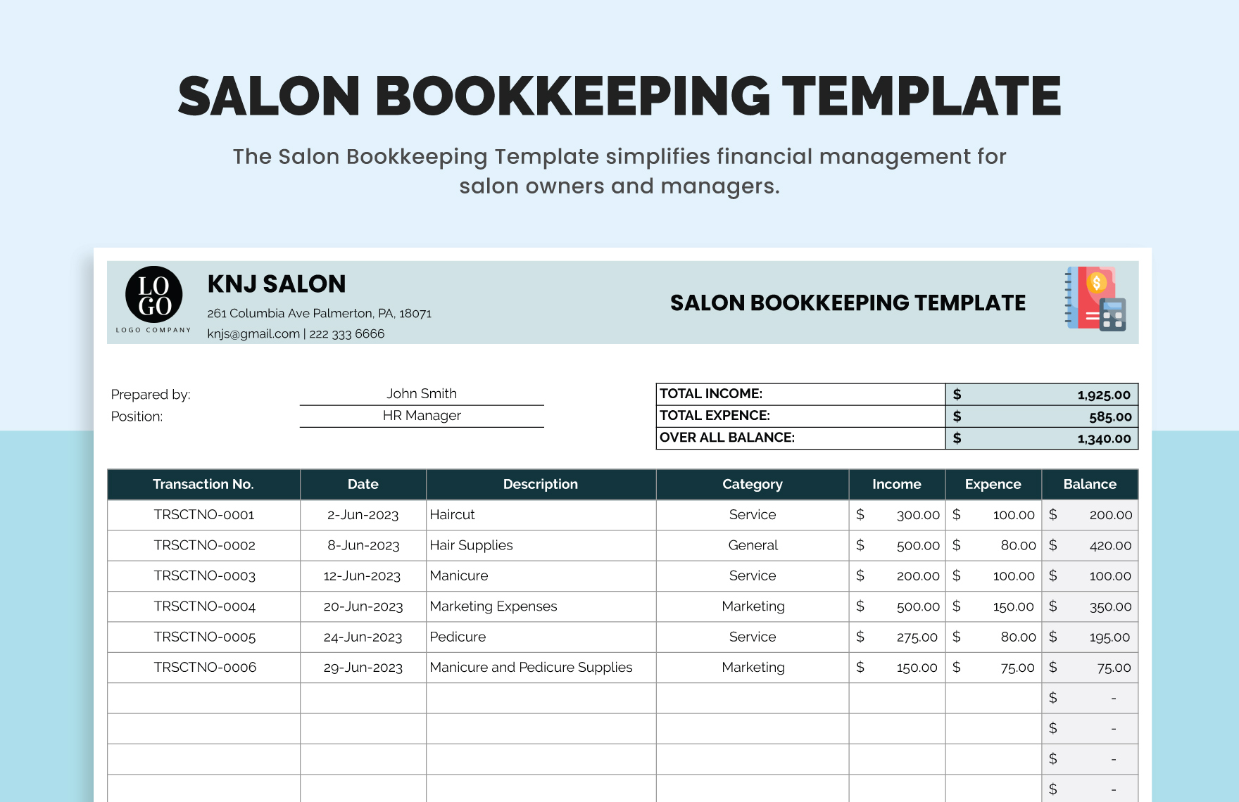 Excel Accounting and Bookkeeping (Accounting Spreadsheet Template