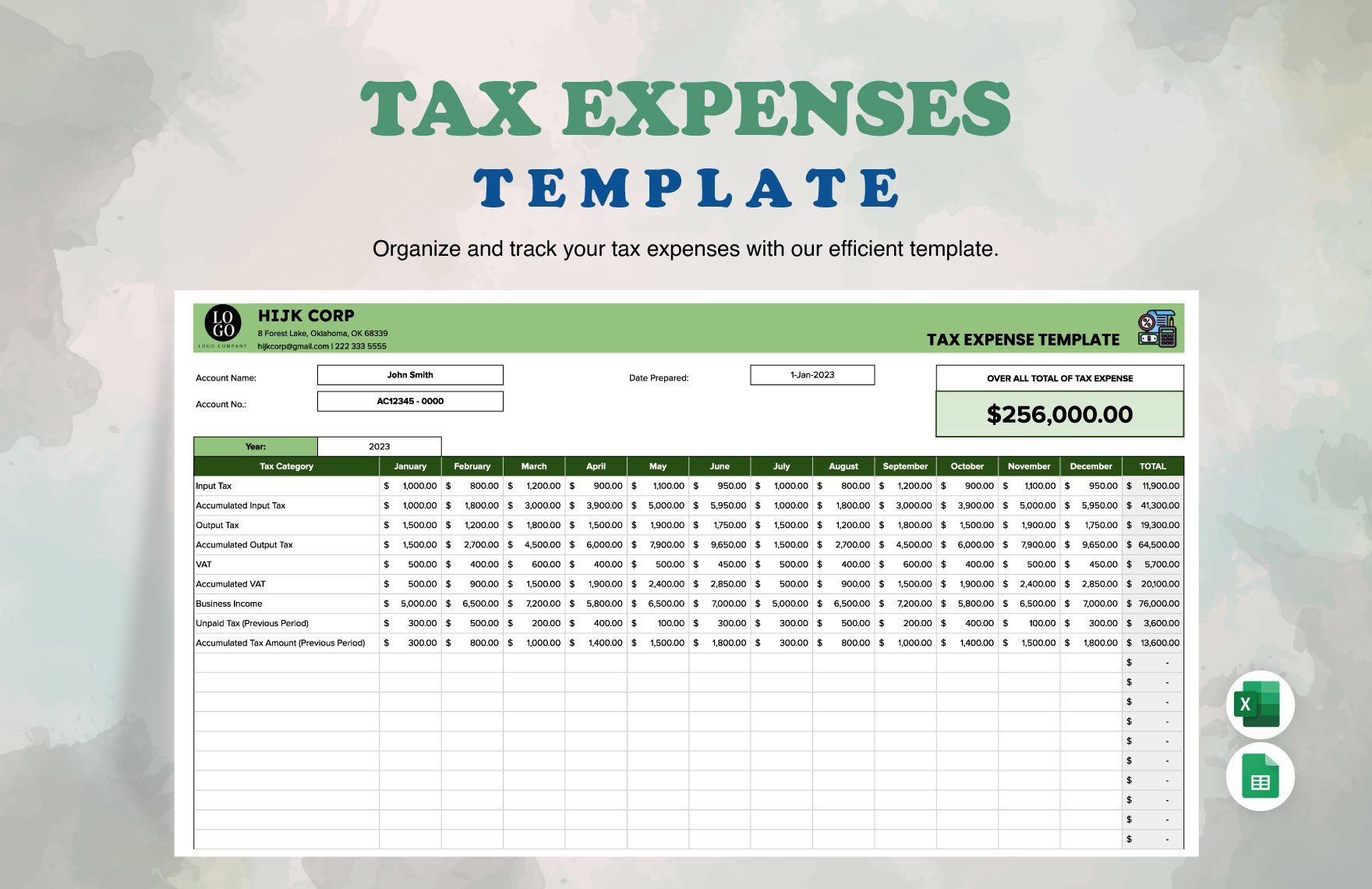 Tax  Expenses Template in Excel, Google Sheets