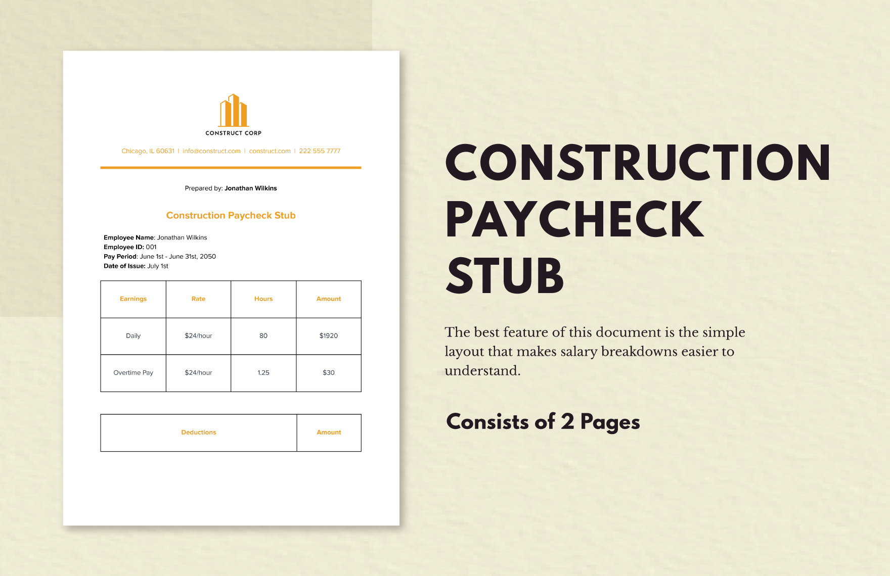 Construction Paycheck Stub in Word, Google Docs