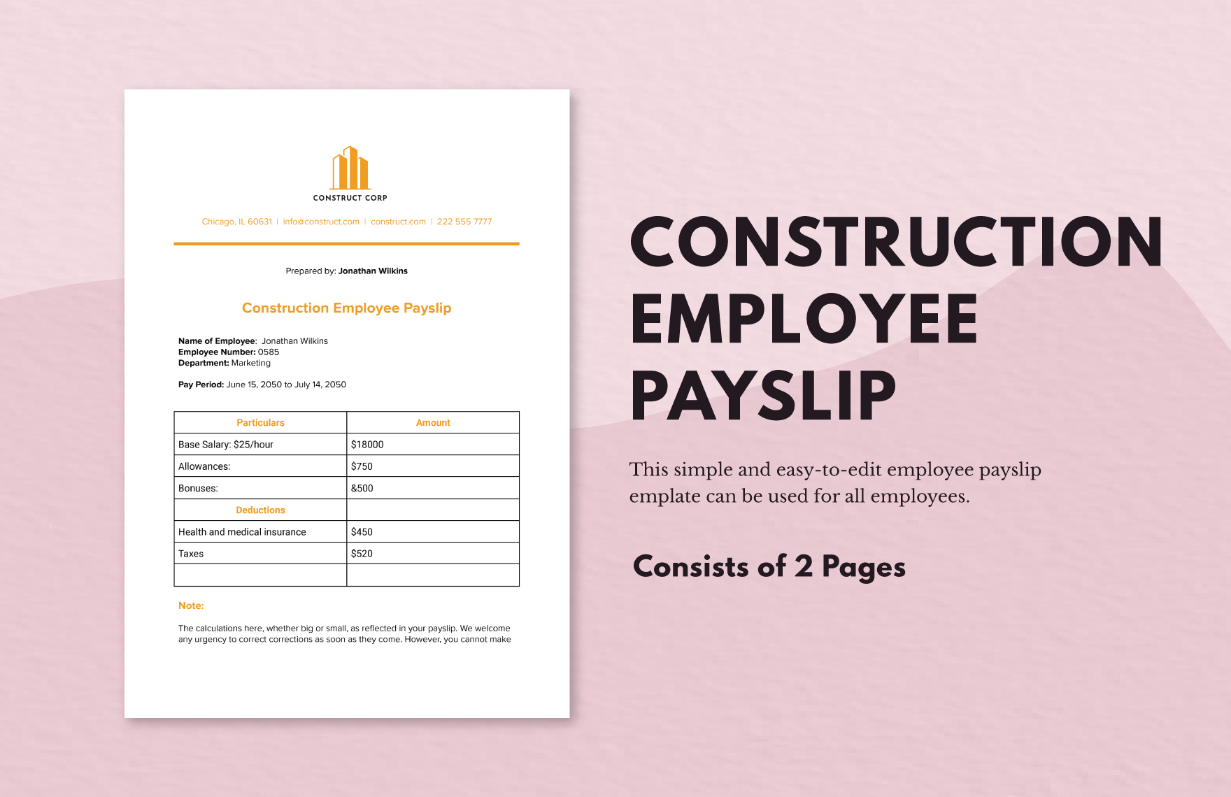 Construction Employee Payslip  in Word, Google Docs, PDF
