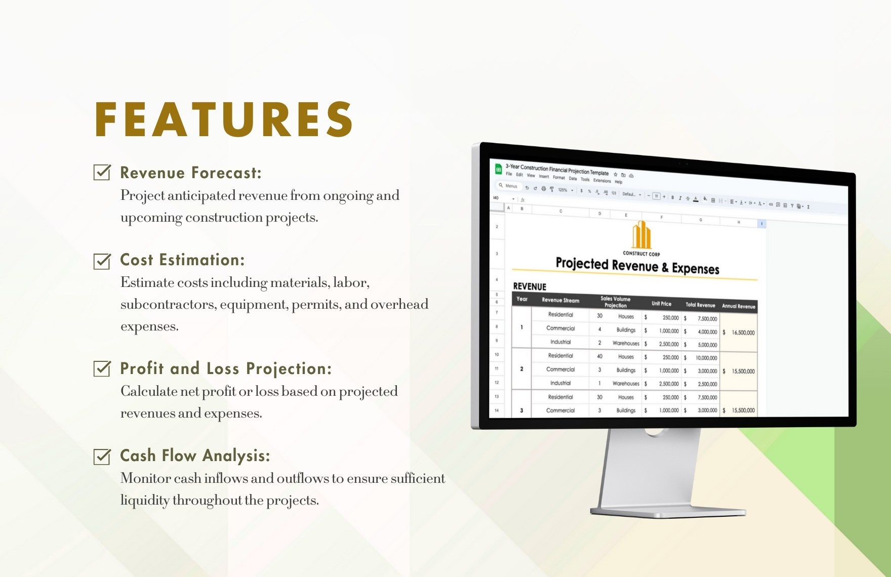 3-Year Construction Financial Projection Template