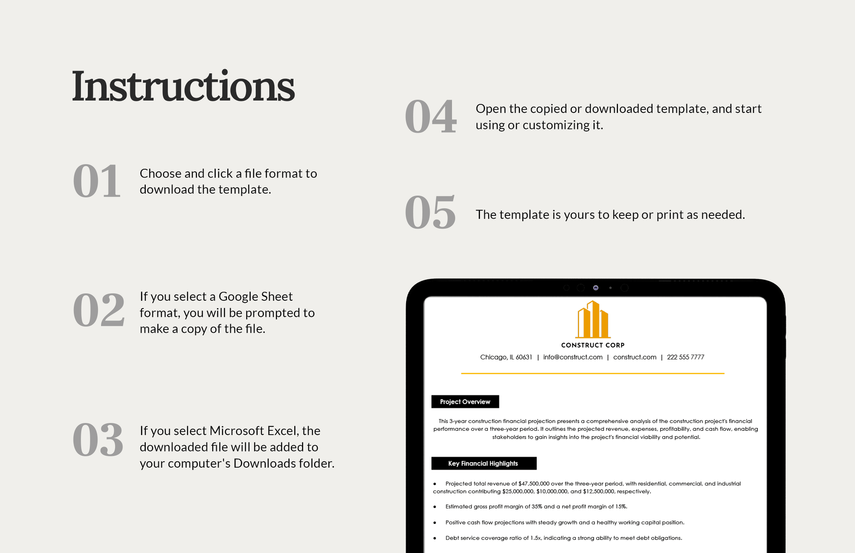 3-Year Construction Financial Projection Template