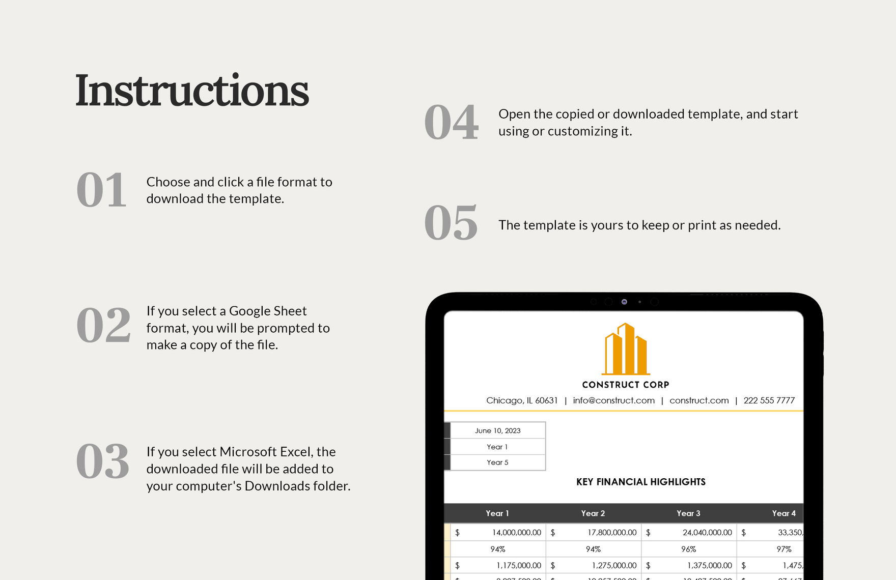 5-Year Construction Financial Projection Template
