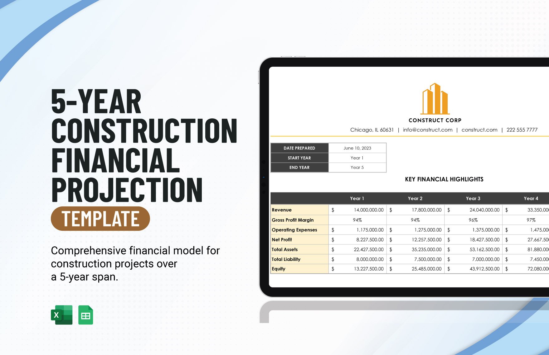 5-Year Construction Financial Projection Template in Excel, Google Sheets