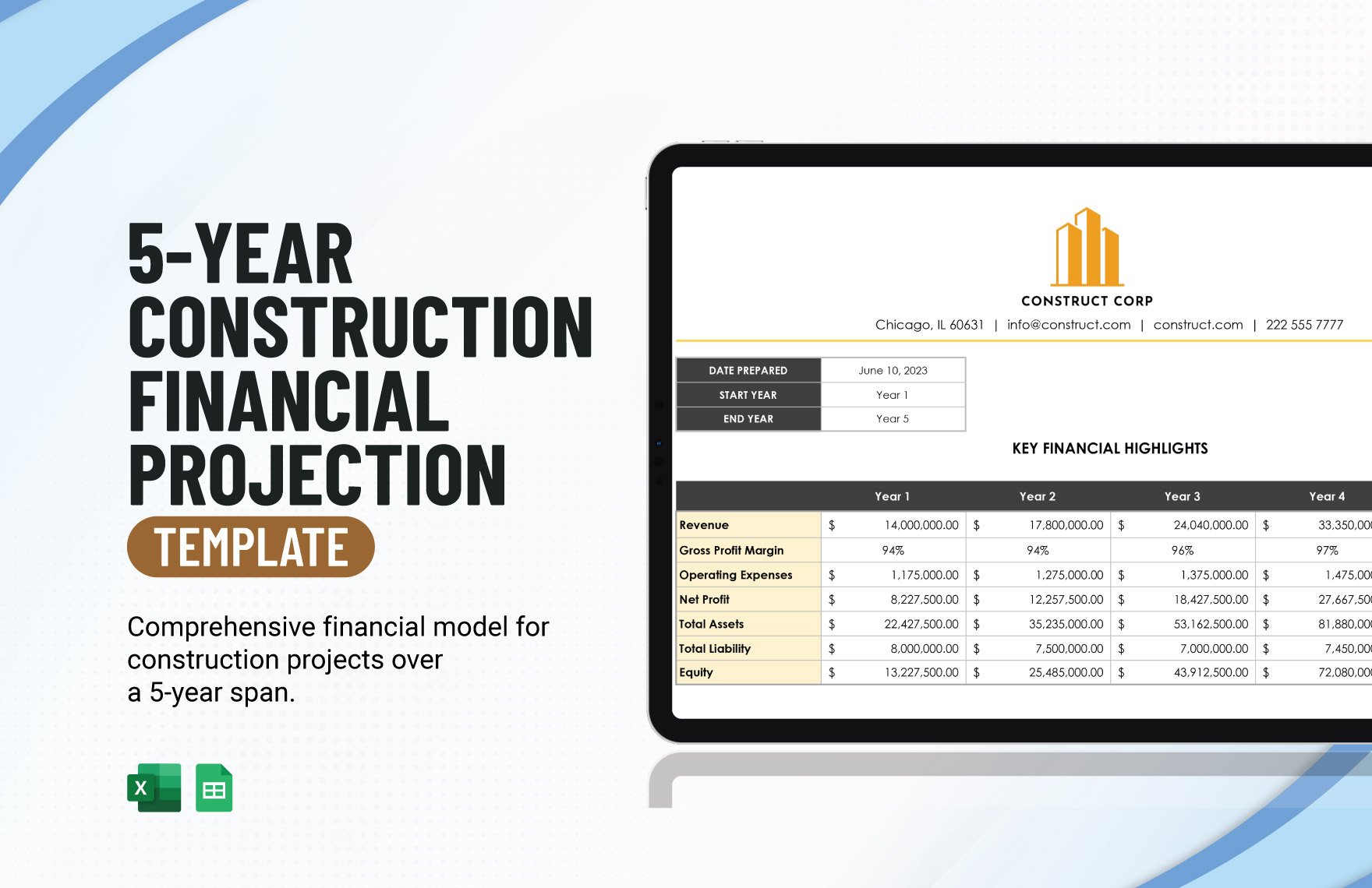 5-Year Construction Financial Projection Template