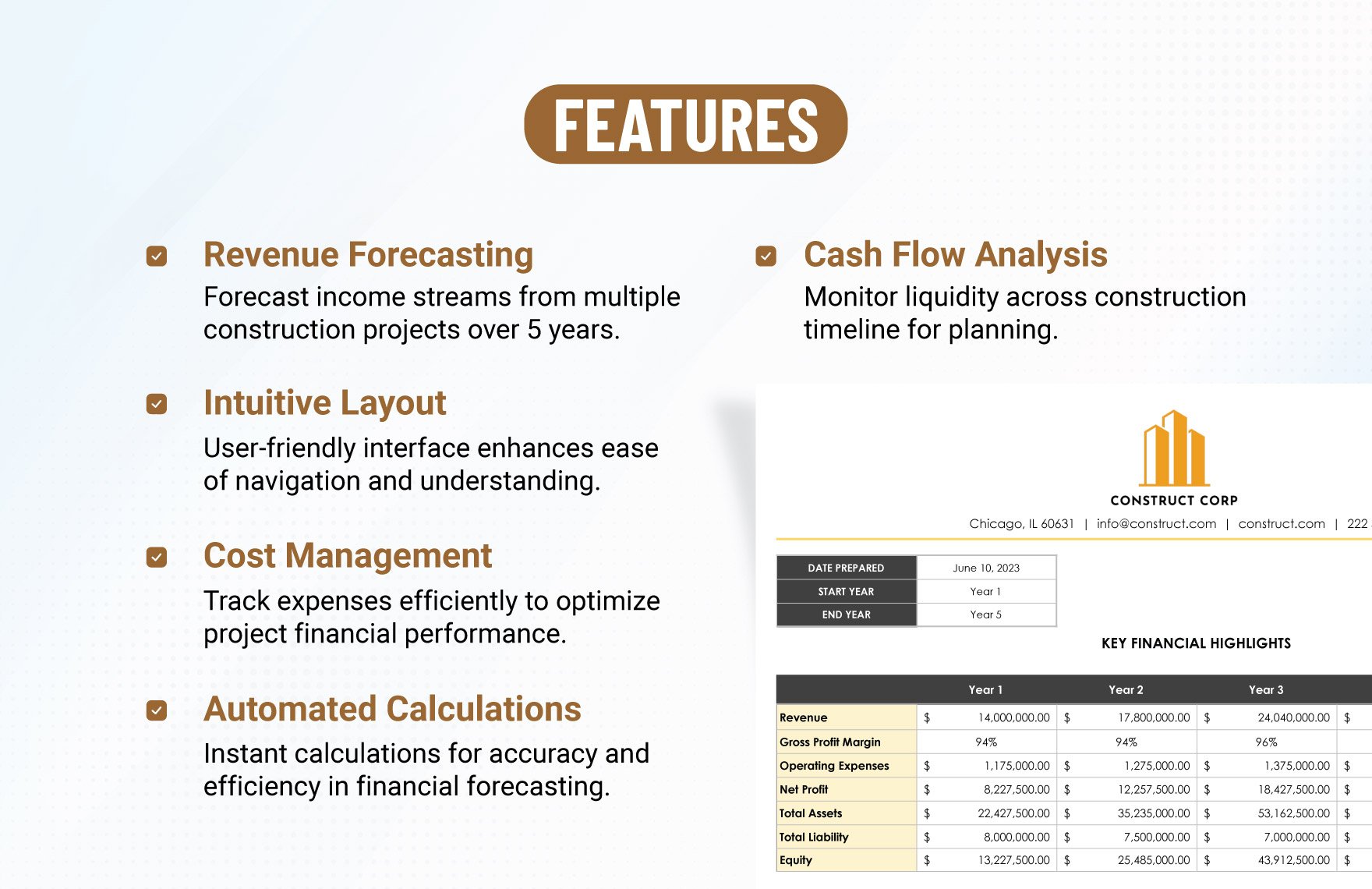 5-Year Construction Financial Projection Template