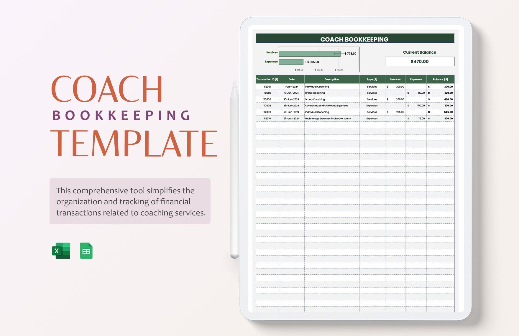 Coach Bookkeeping Template in Excel, Google Sheets