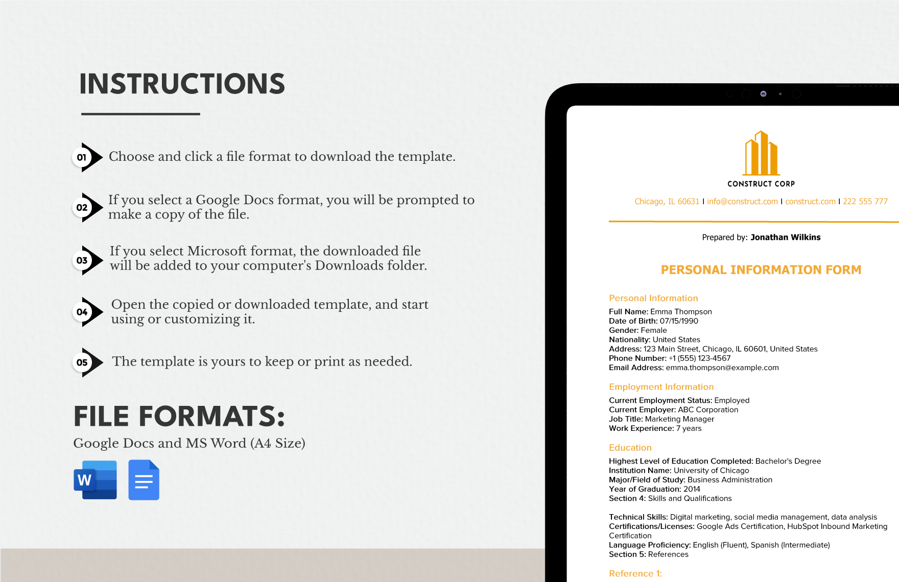 Construction Personal Information Form Template