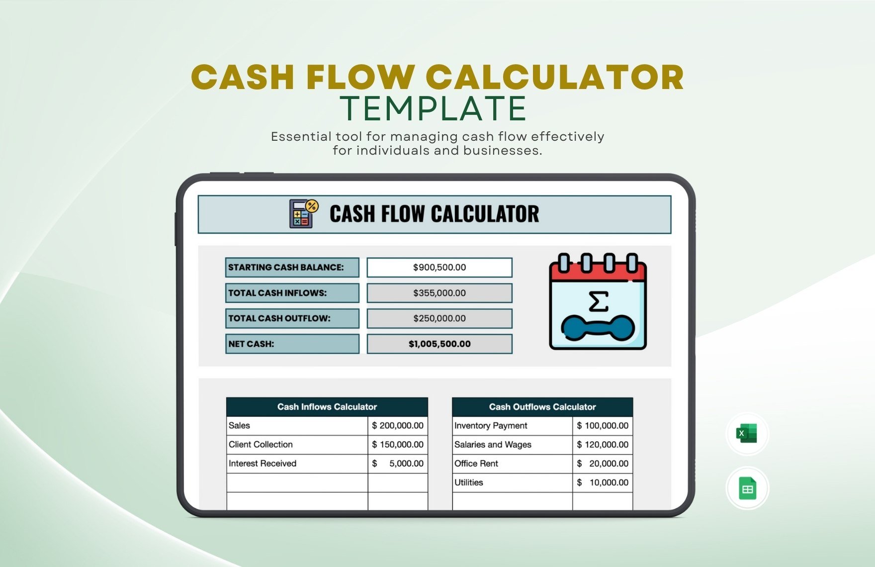 Cash Flow Calculator template in Excel, Google Sheets