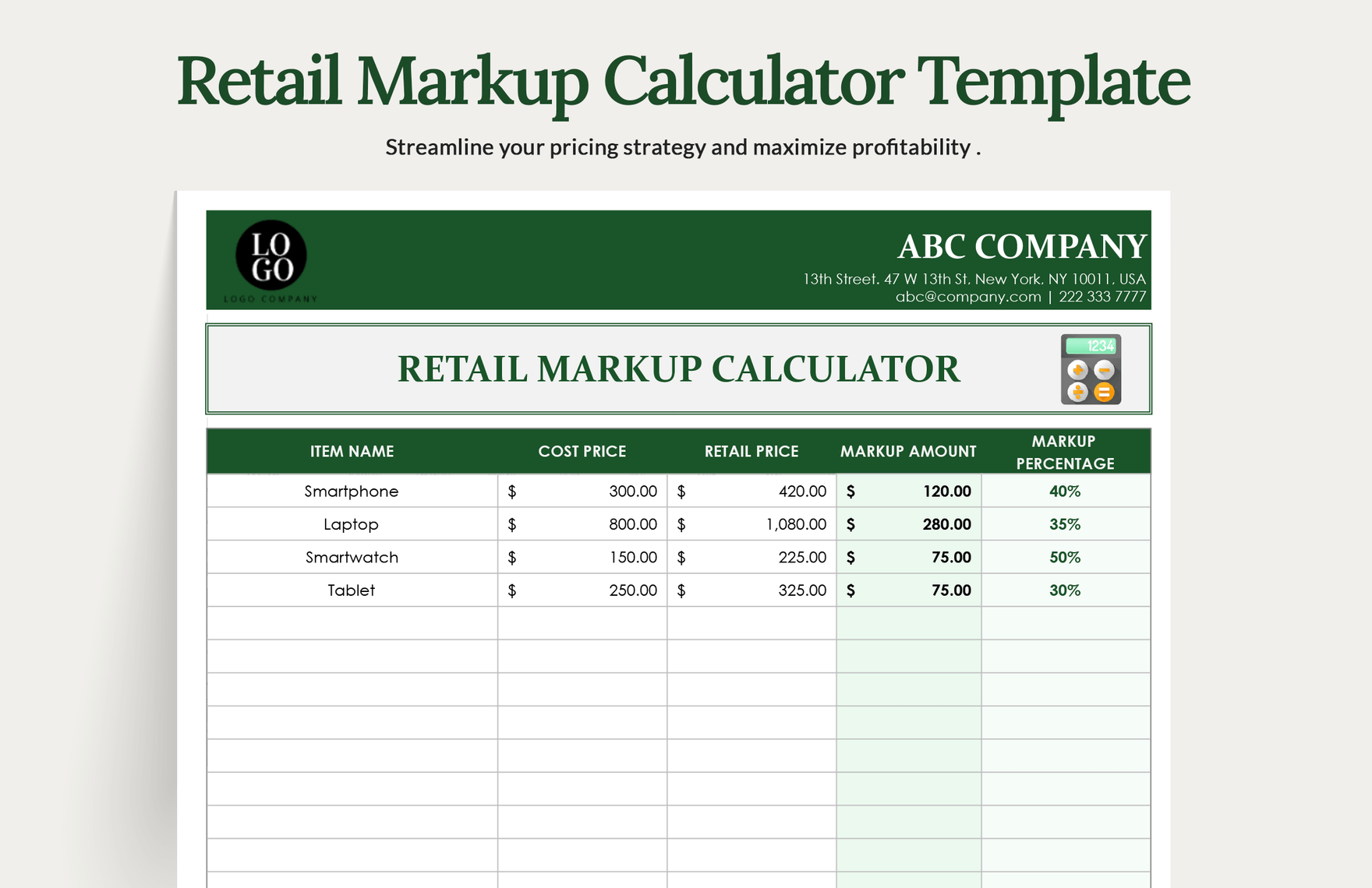 Retail Markup Calculator Template