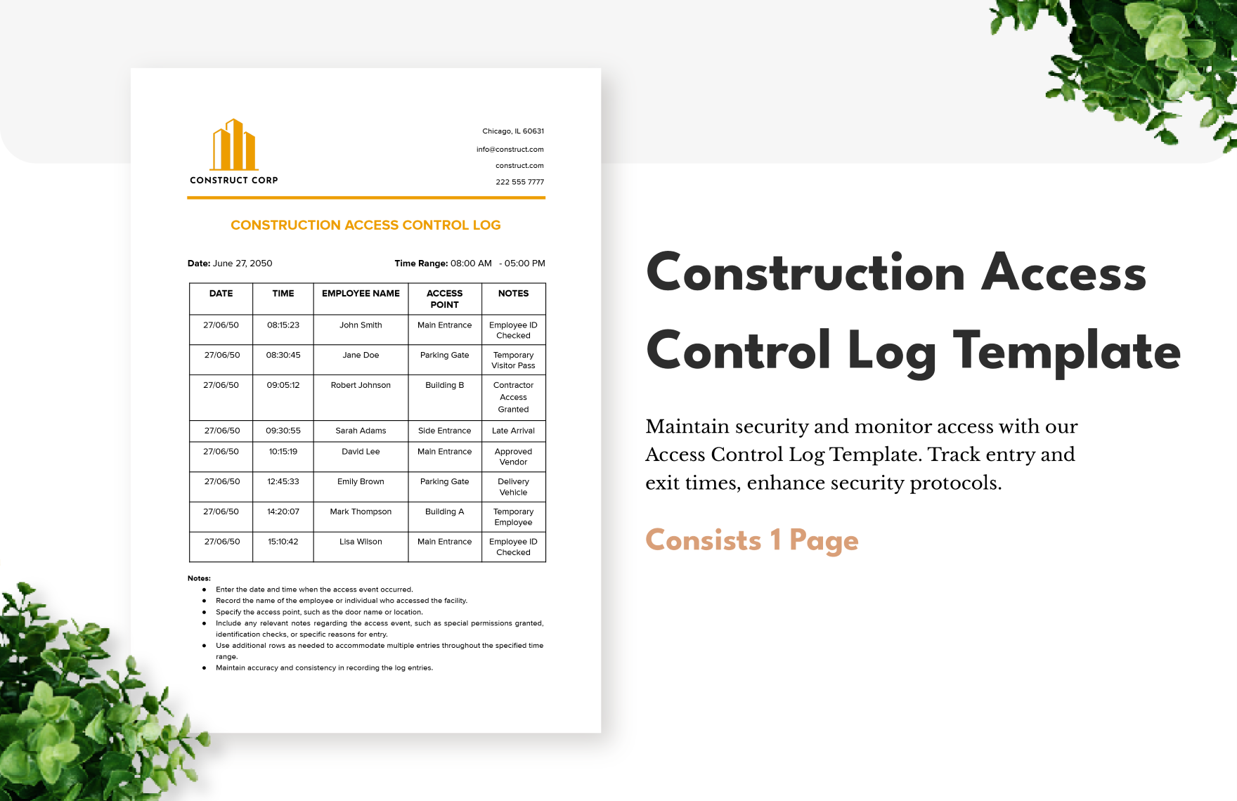 Construction Access Control Log Template