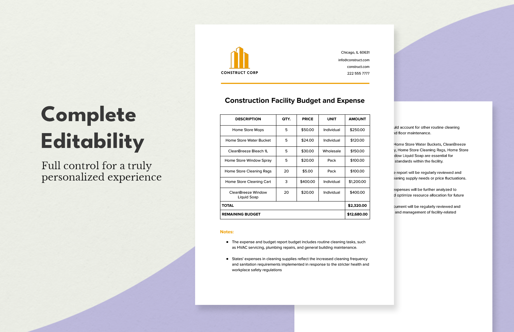 Construction Facility Budget and Expense Template