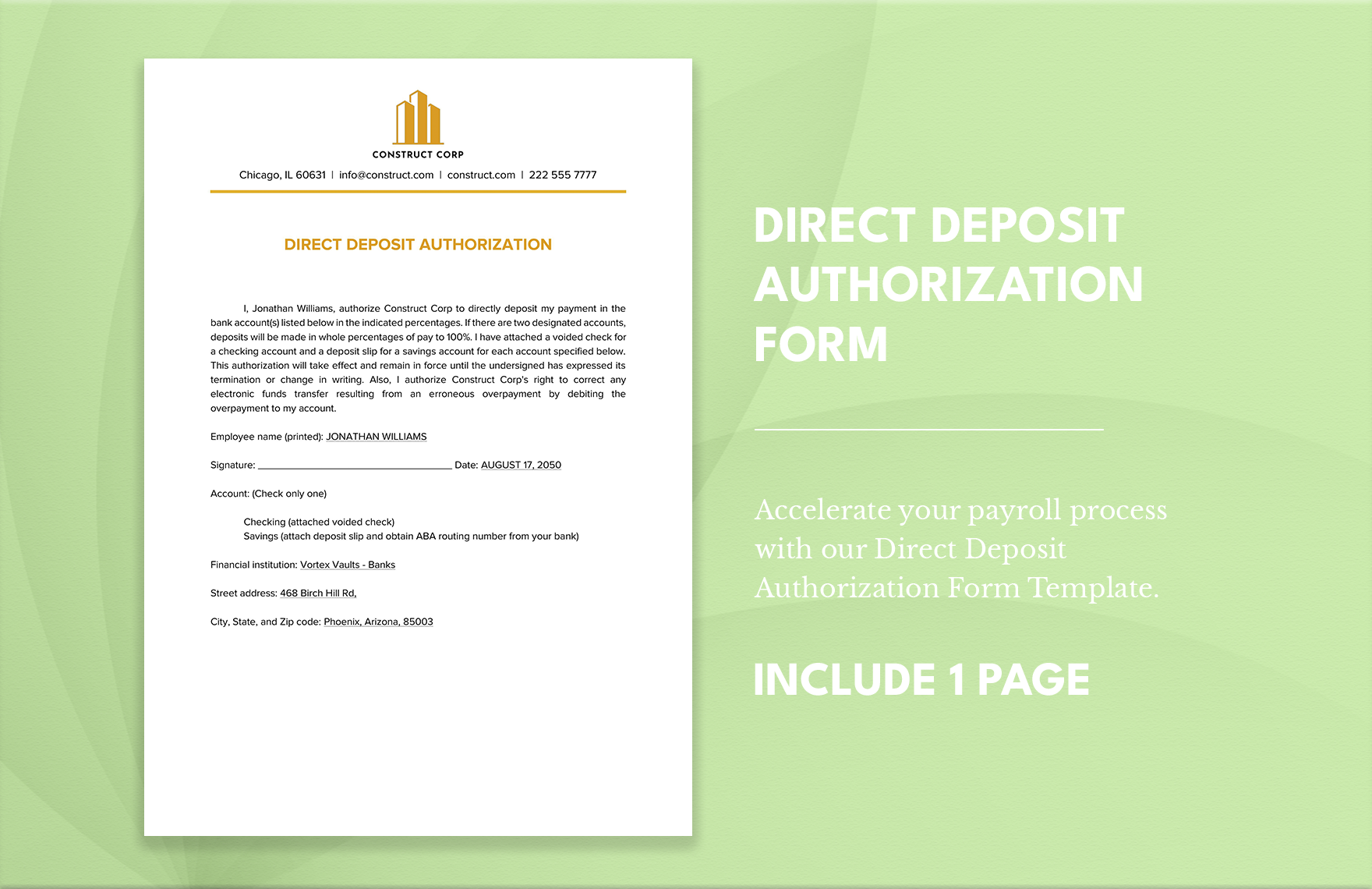Direct Deposit Authorization Form in Word, Google Docs
