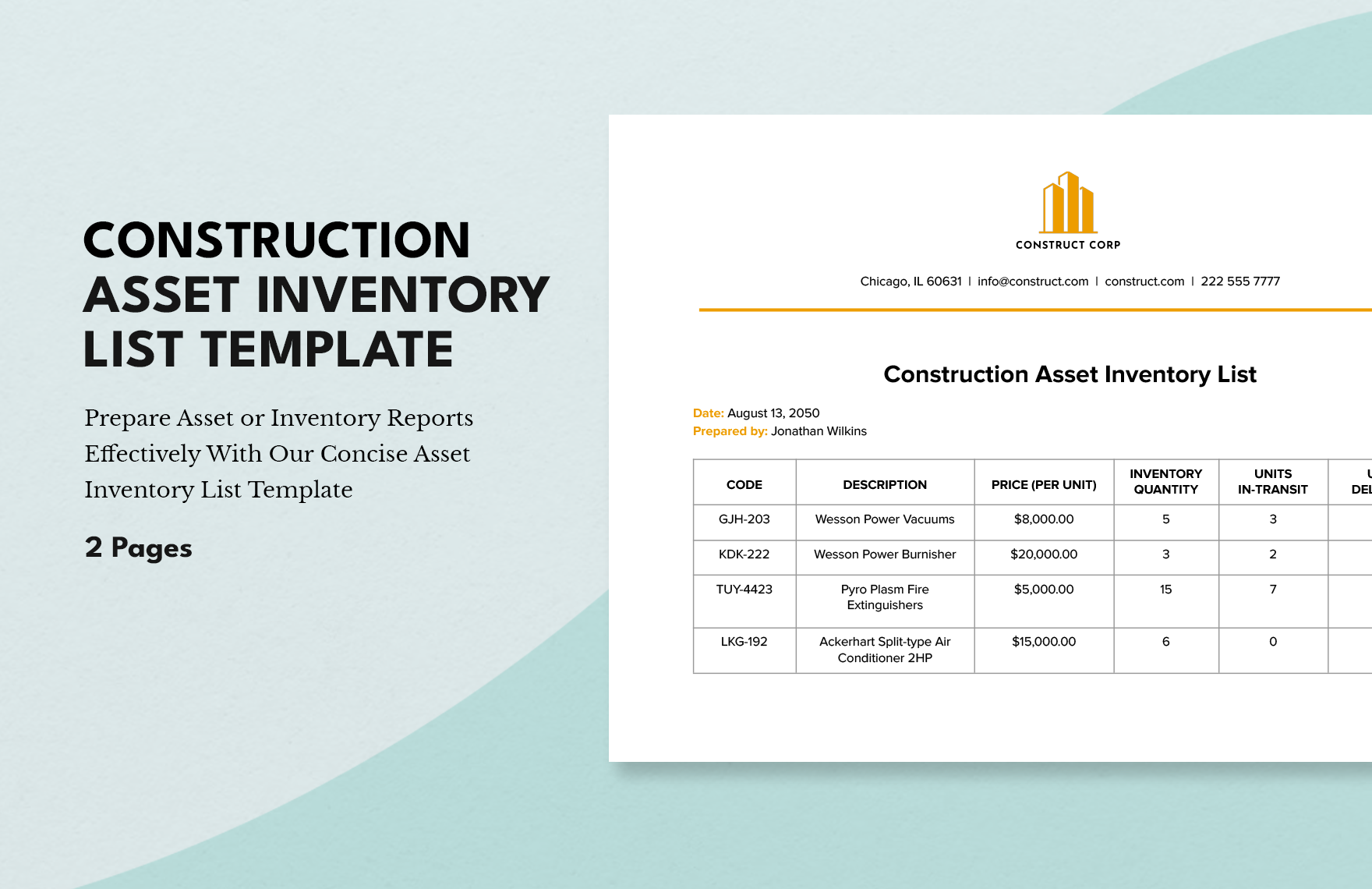 Construction Asset Inventory List Template in Word, Google Docs