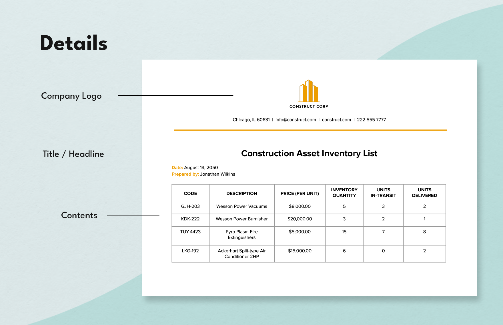 Construction Asset Inventory List Template