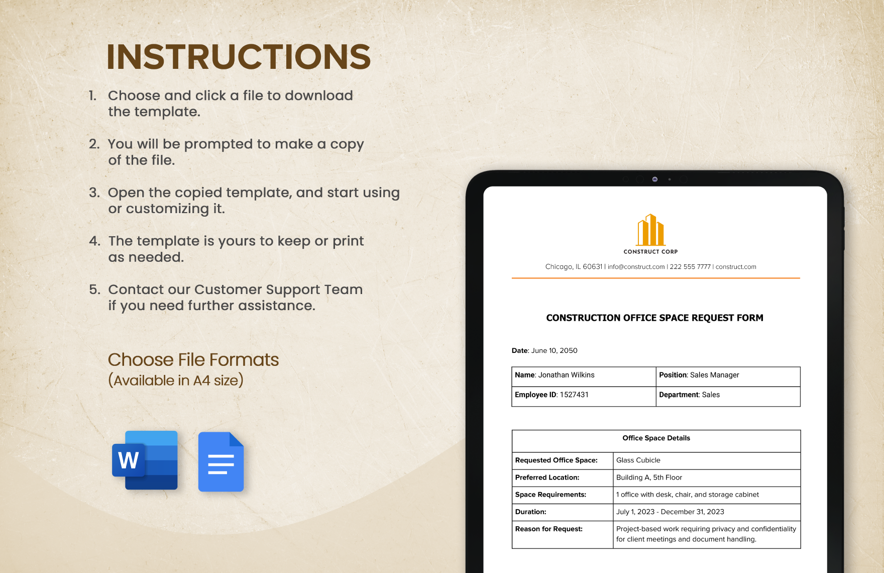 Construction Office Space Request Form Template