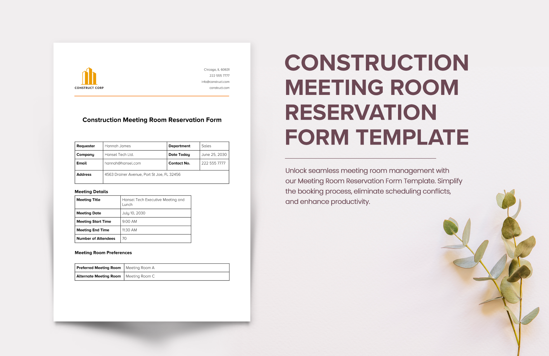 Construction Meeting Room Reservation Form Template