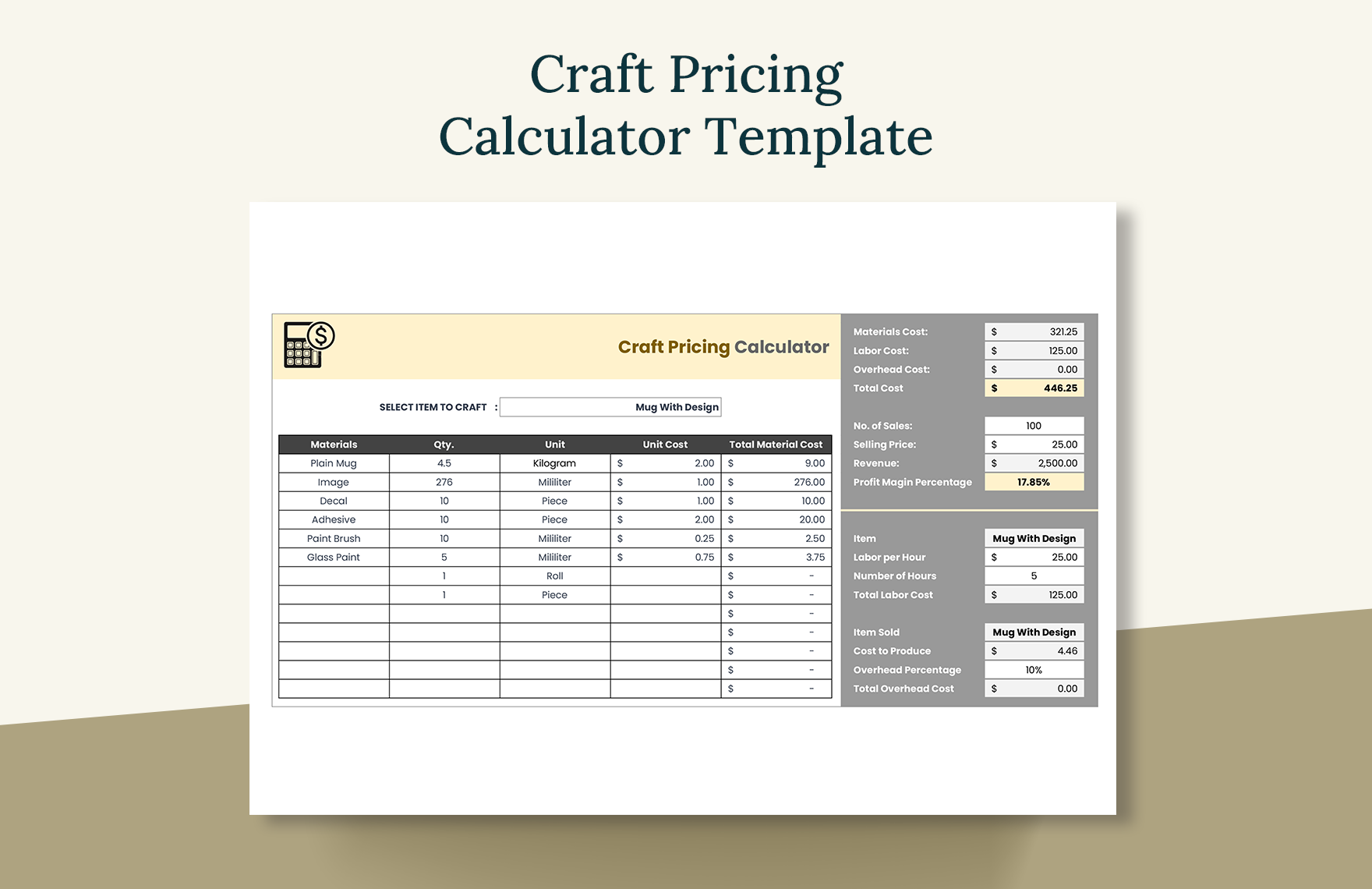 Craft Pricing Calculator Template in Excel, Google Sheets - Download | Template.net