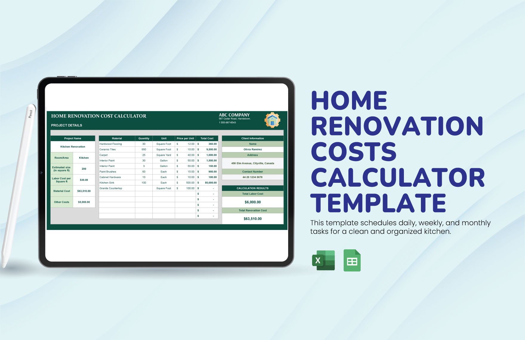 Home Renovation Costs Calculator Template