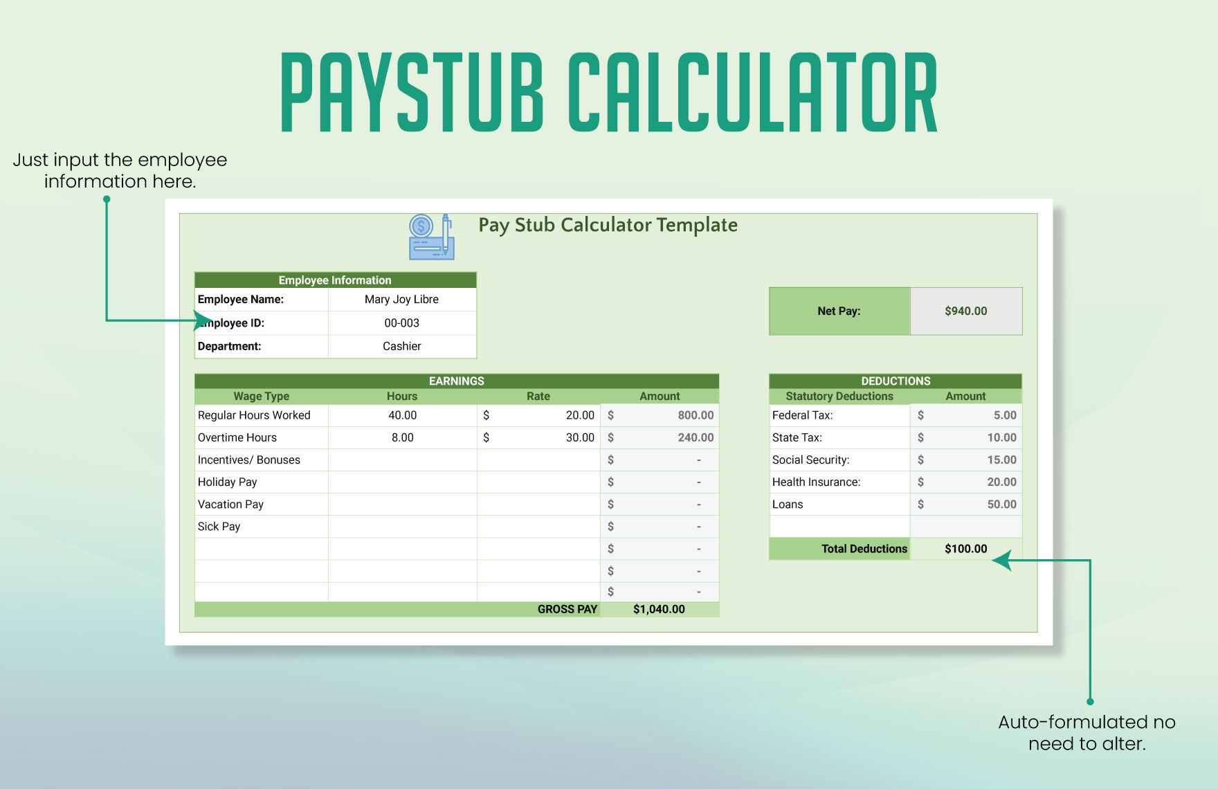 Pay Stub Calculator Template