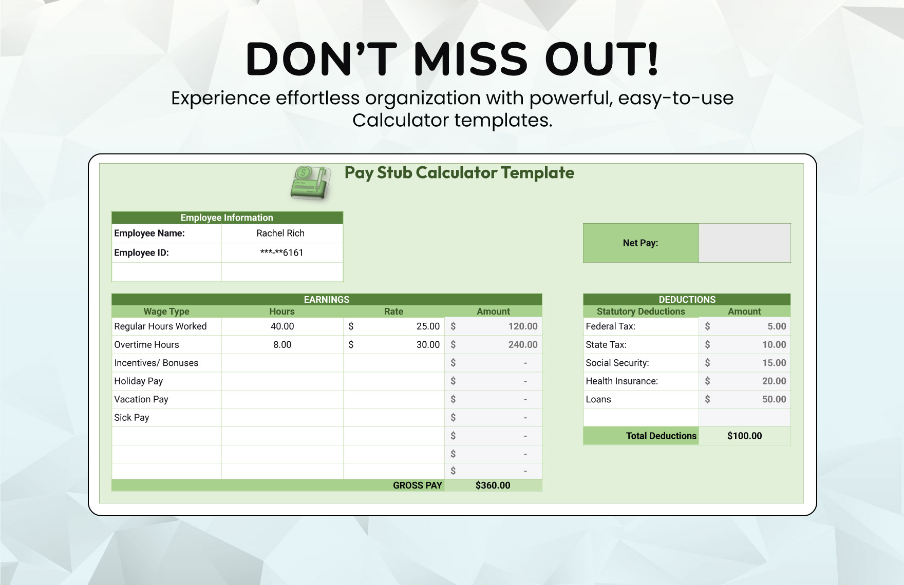 Pay Stub Calculator Template