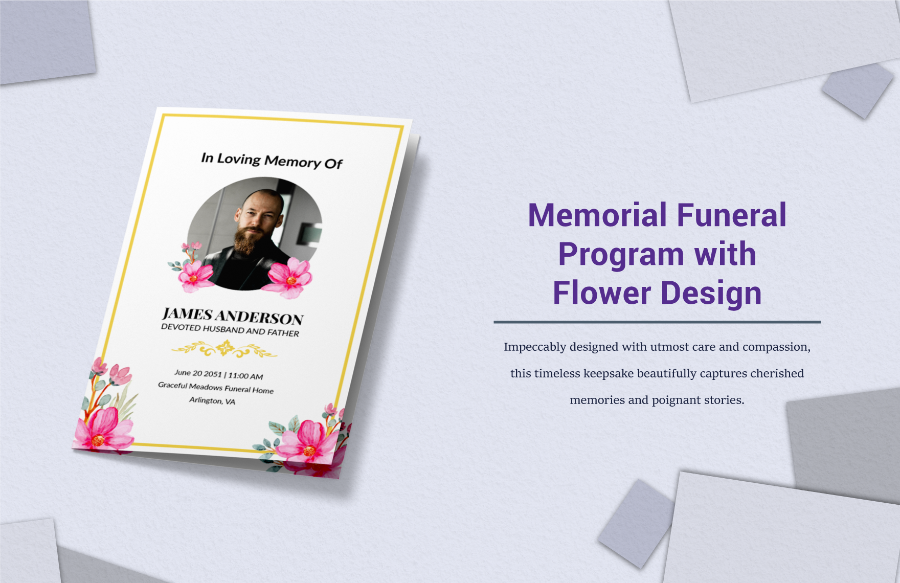 Memorial Funeral Program with Flower Design in Word, PDF, Illustrator, PSD