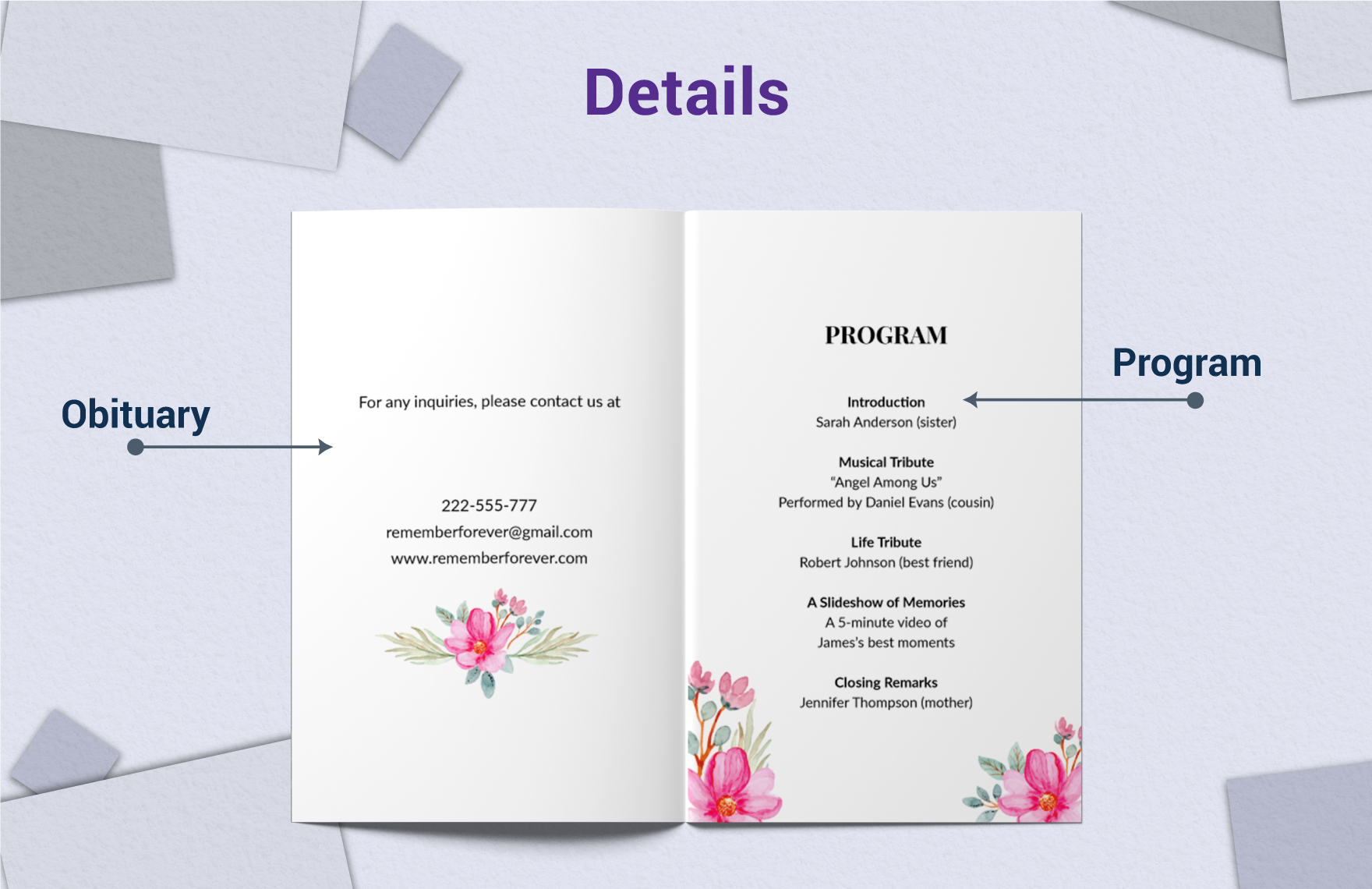 Memorial Funeral Program with Flower Design