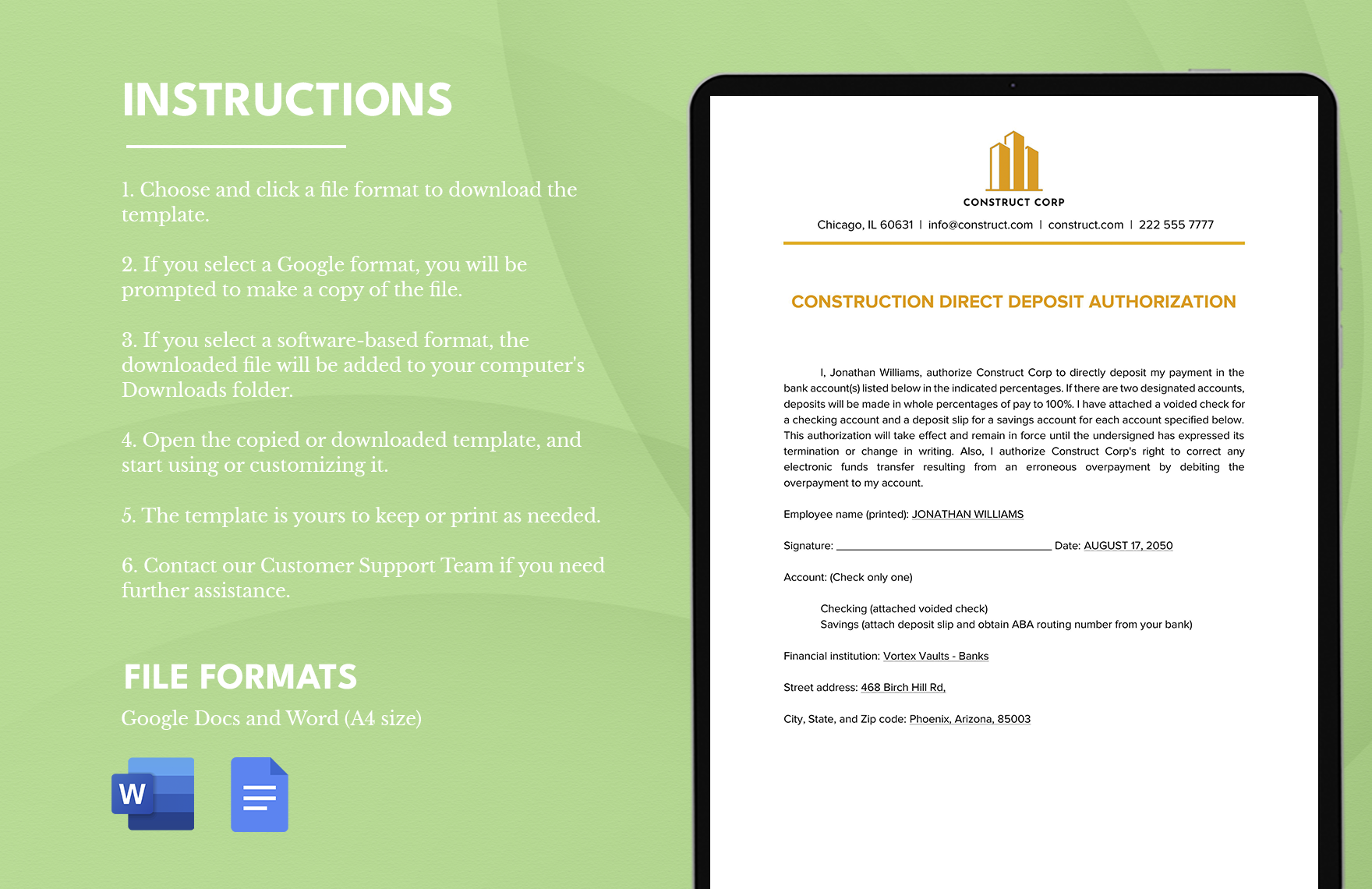 Construction Direct Deposit Authorization Form
