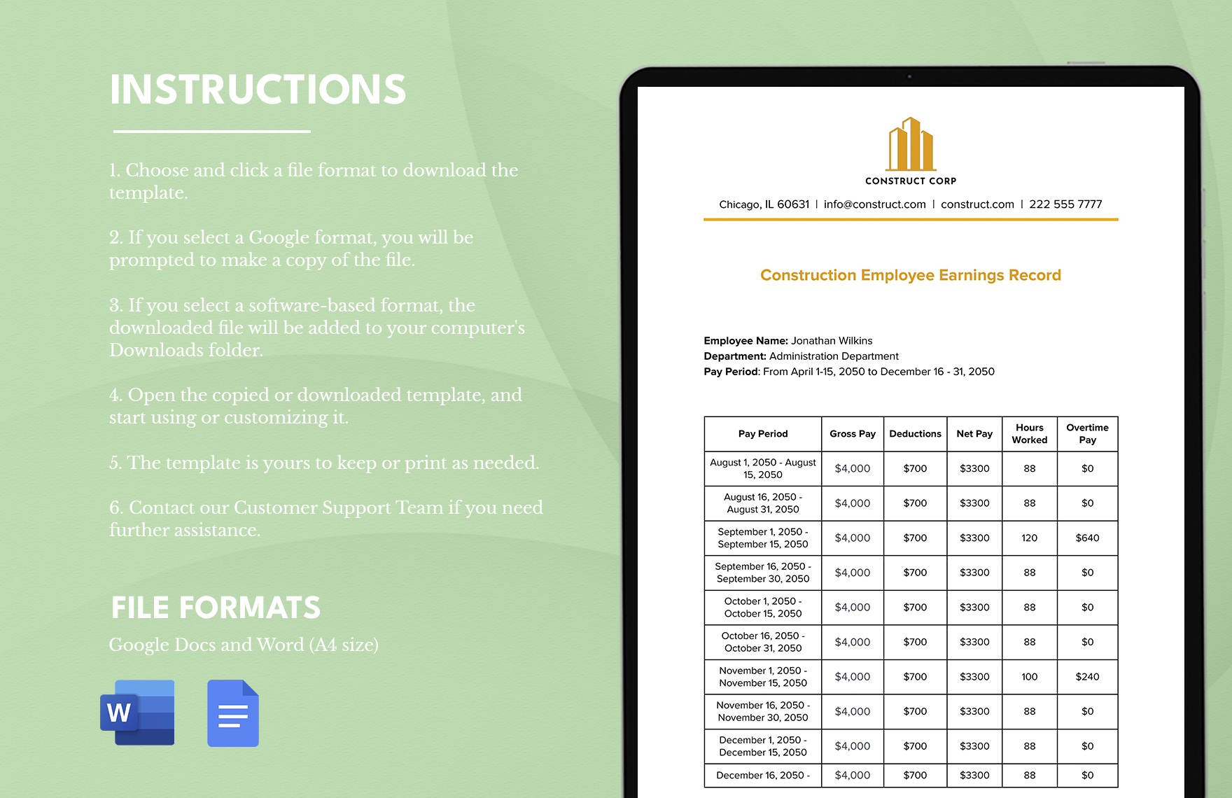 Construction Employee Earnings Record