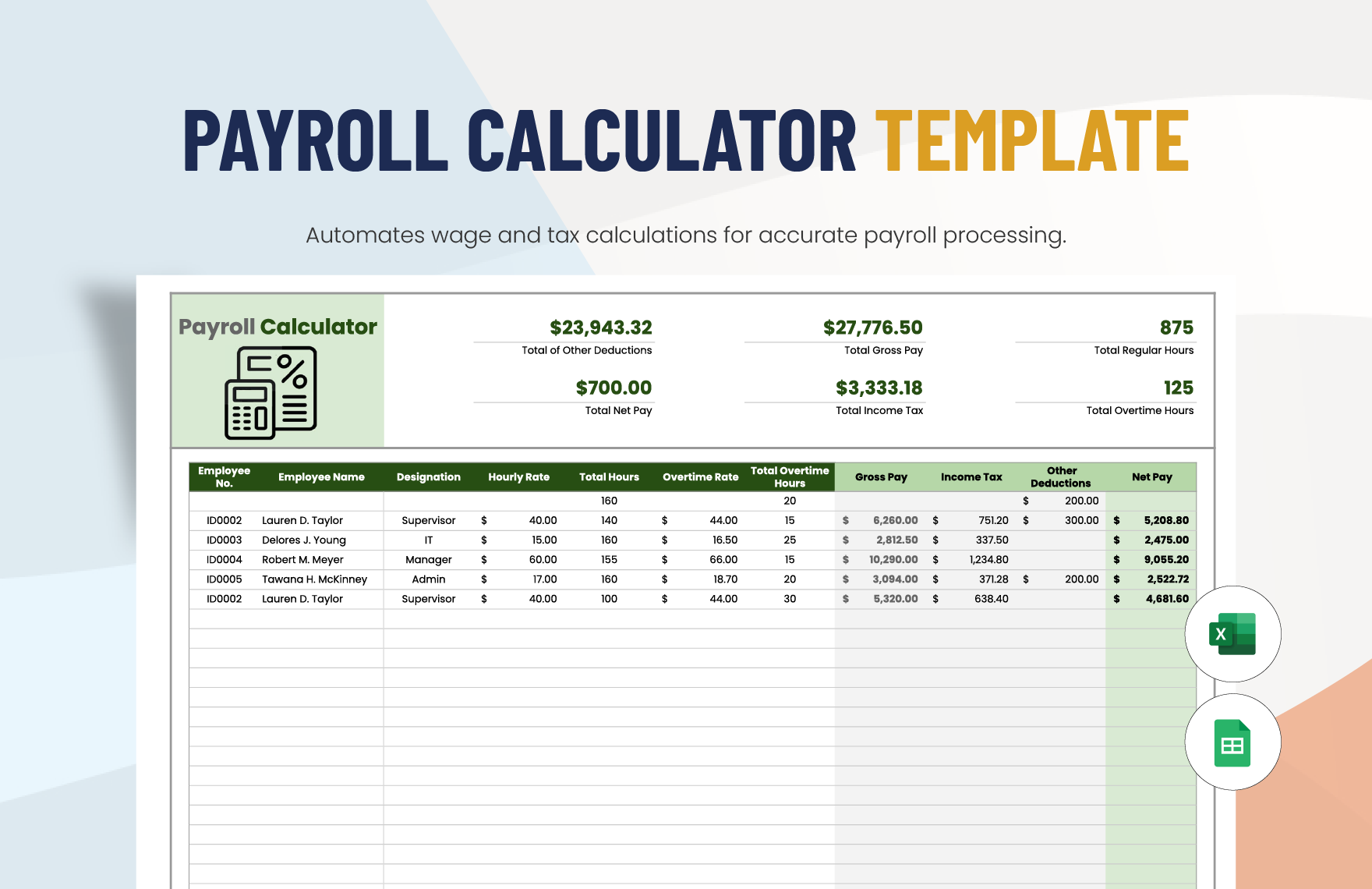 Payroll Calculator Template in Excel, Google Sheets