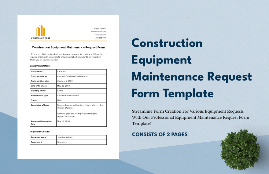 Construction Equipment Maintenance Request Form Template