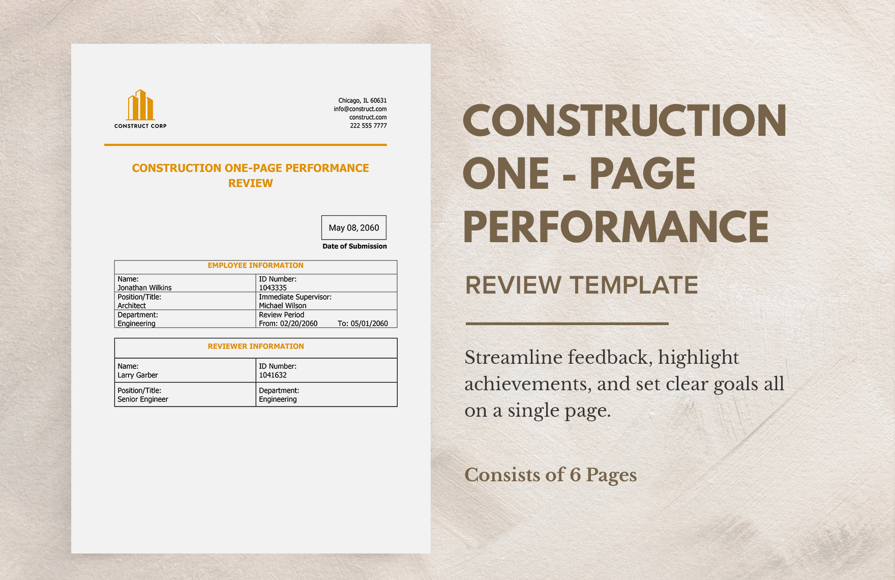 Construction One-Page Performance Review Template in Word, Google Docs