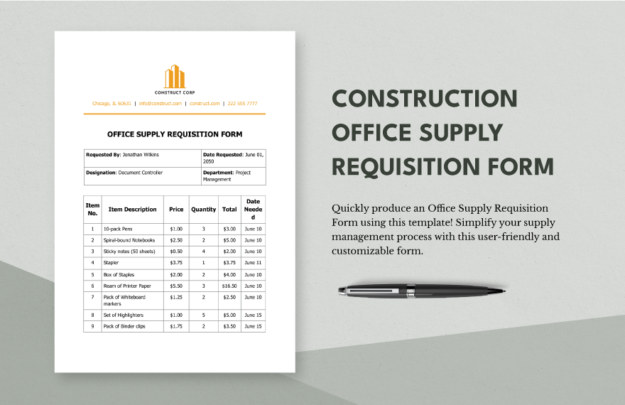 Construction Office Supply Requisition Form Template