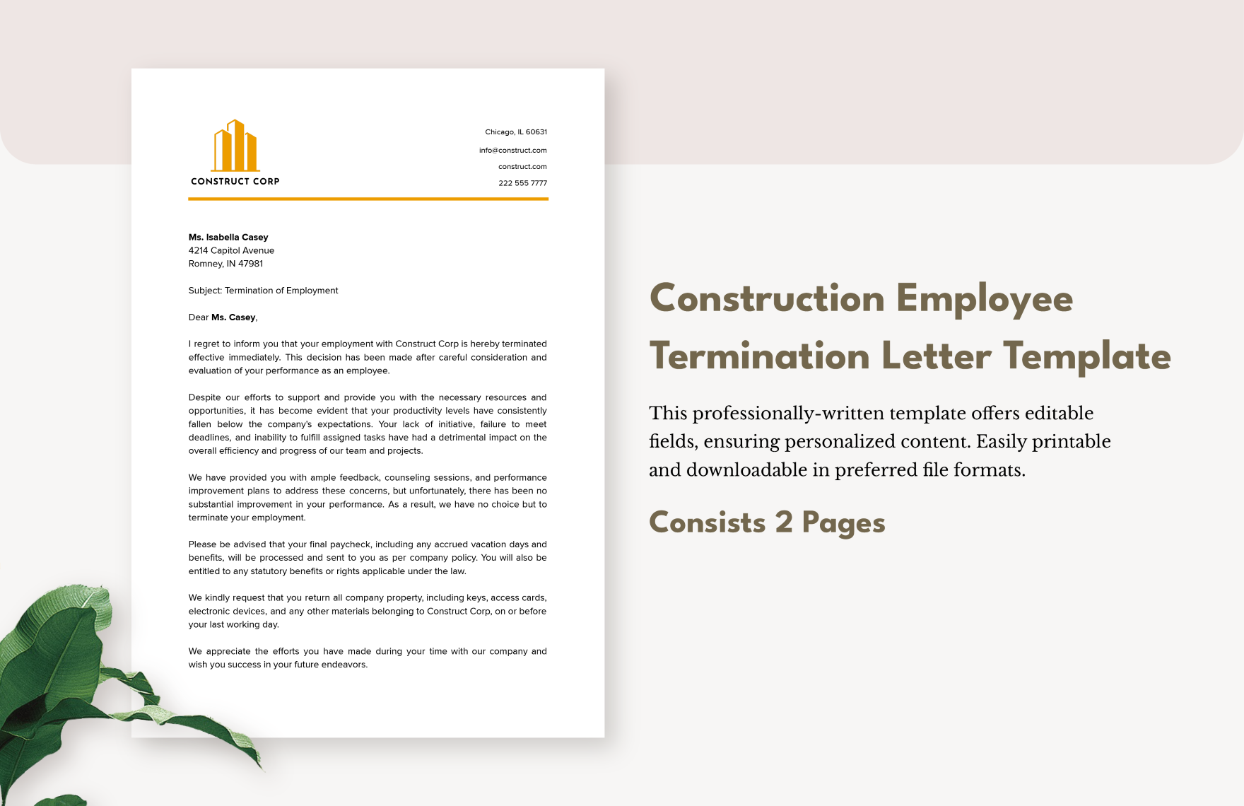 Construction Employee Termination Letter Template