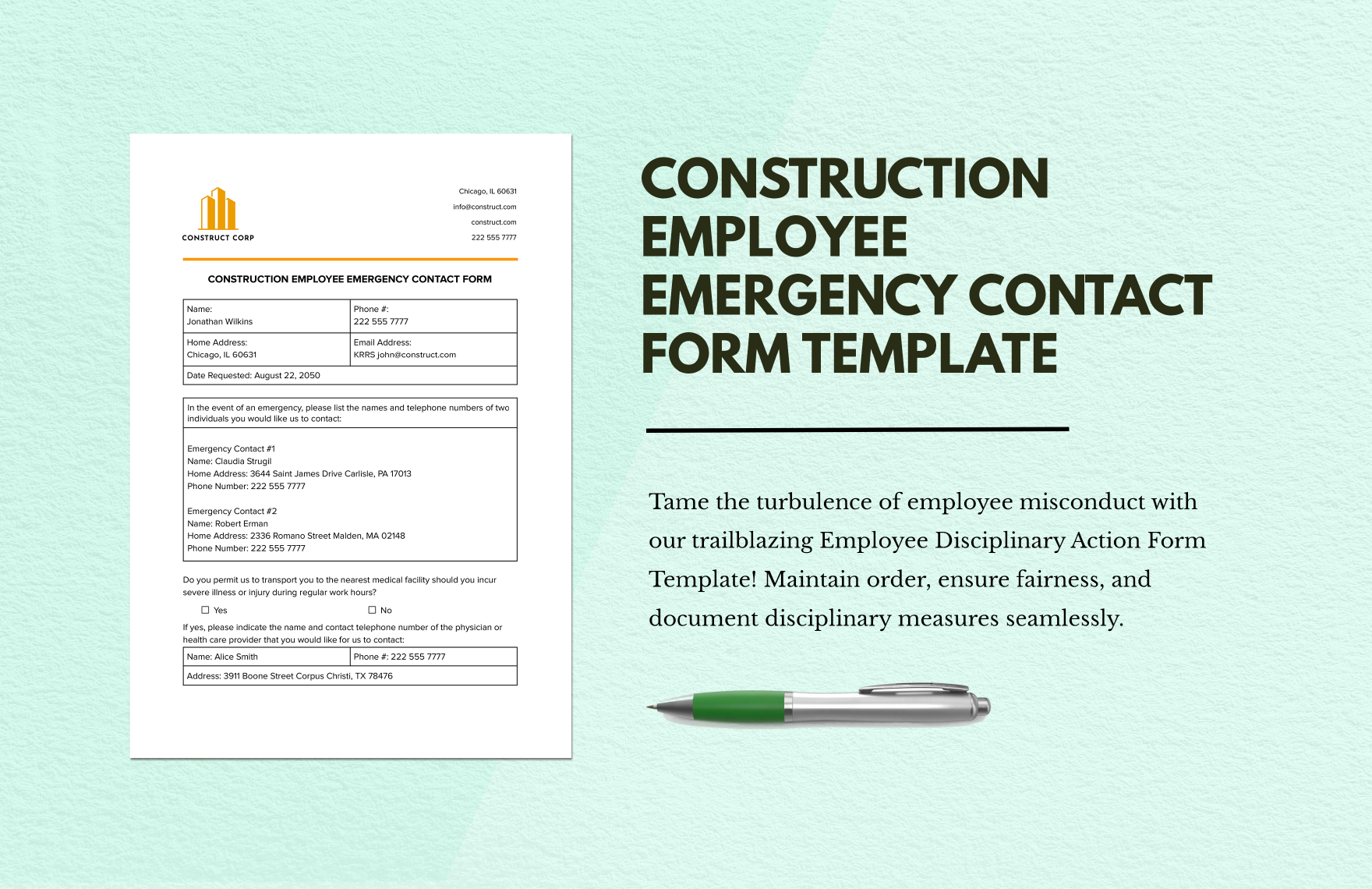 Construction Employee Emergency Contact Form Download In Word Google 