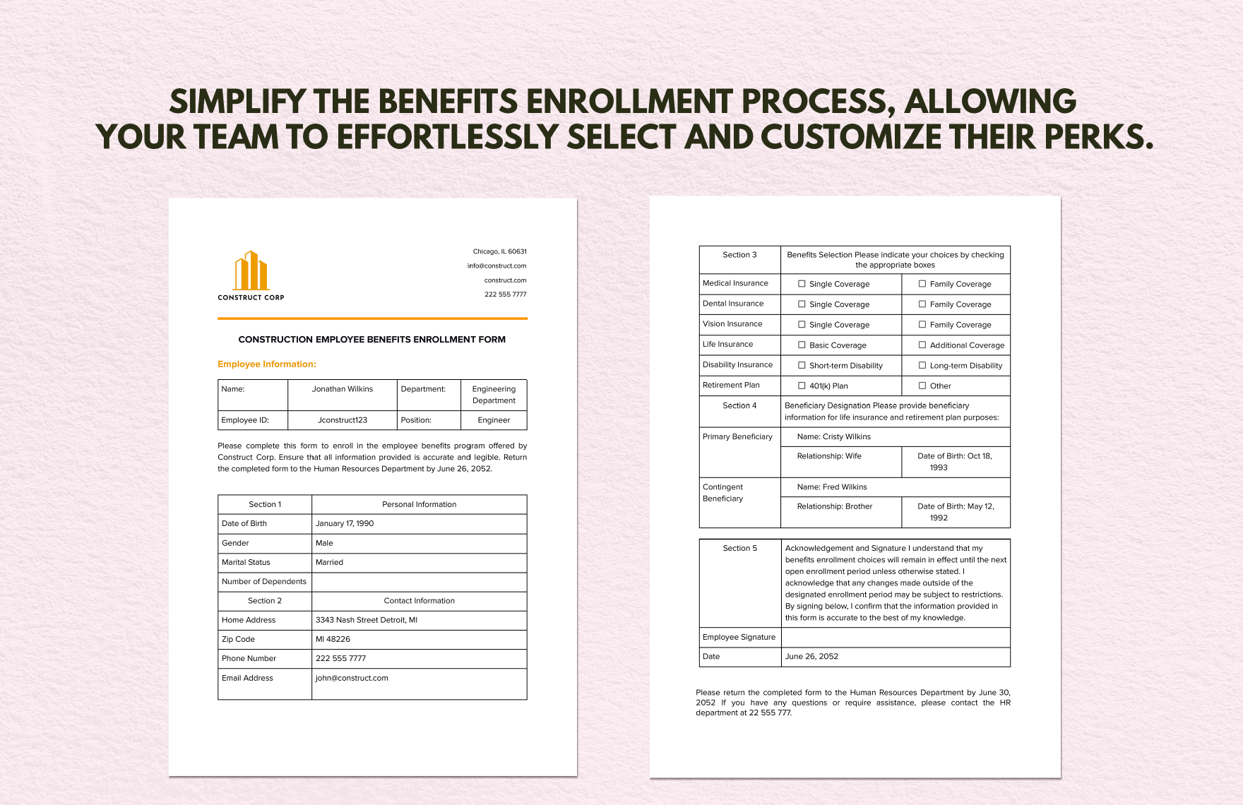 Construction Employee Benefits Enrollment Form 