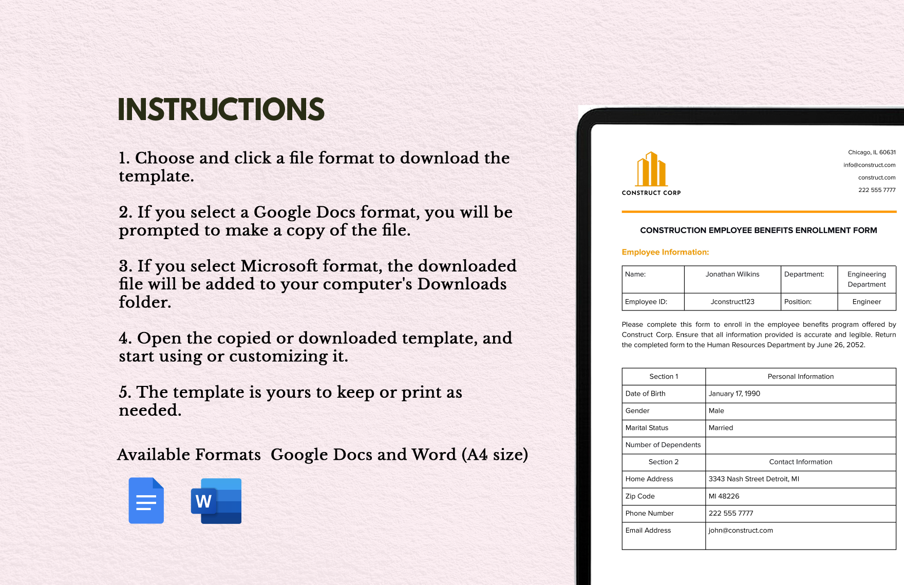 Construction Employee Benefits Enrollment Form in Word, Google Docs ...