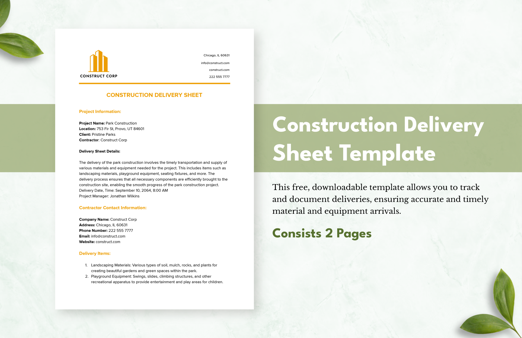 Construction Delivery Sheet Template